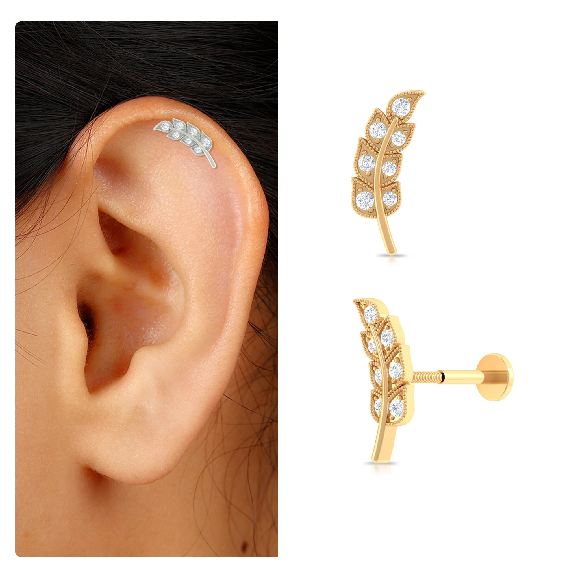 Moissanite Leaf Helix Earring with Gold Beads