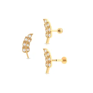 Moissanite Leaf Helix Earring with Gold Beads