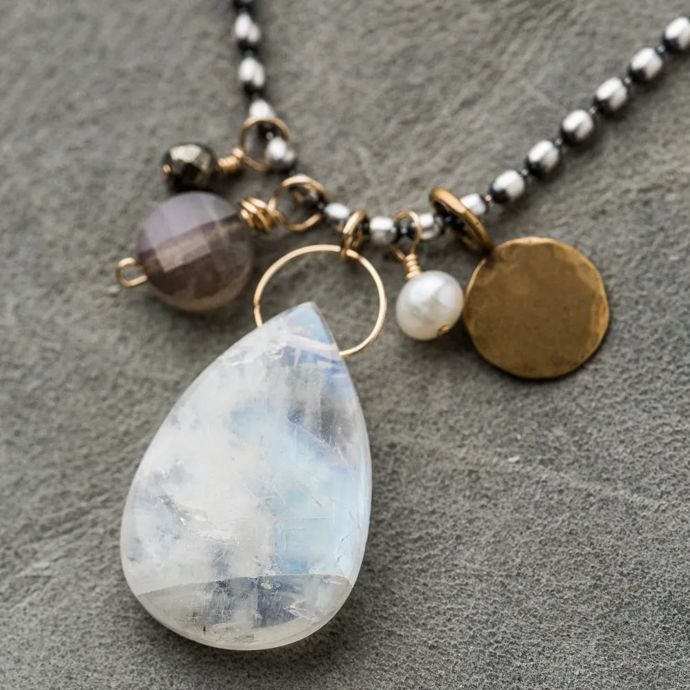 Moonstone Cluster Statement Necklace on Ball Chain