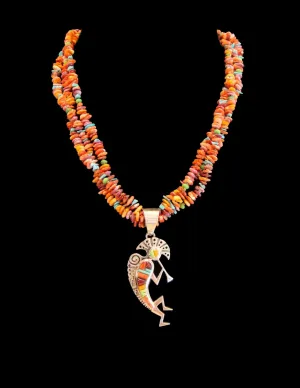 Native American Made Multi Stone Necklace With Sterling Silver Kokopelli Inlay Pendant