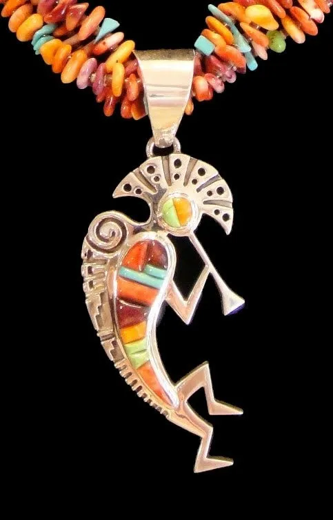 Native American Made Multi Stone Necklace With Sterling Silver Kokopelli Inlay Pendant