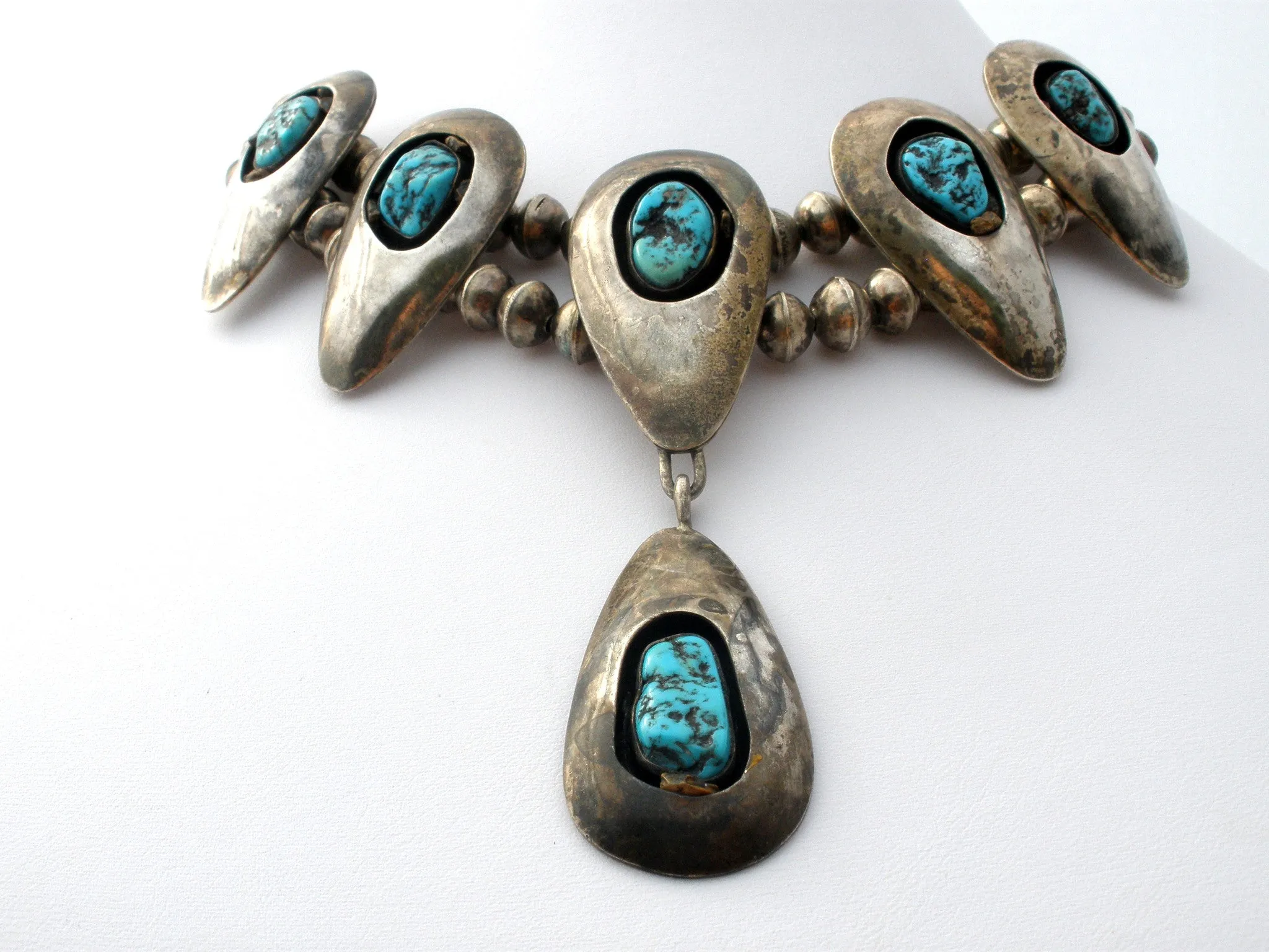 Navajo Squash Blossom Shadowbox Turquoise Necklace