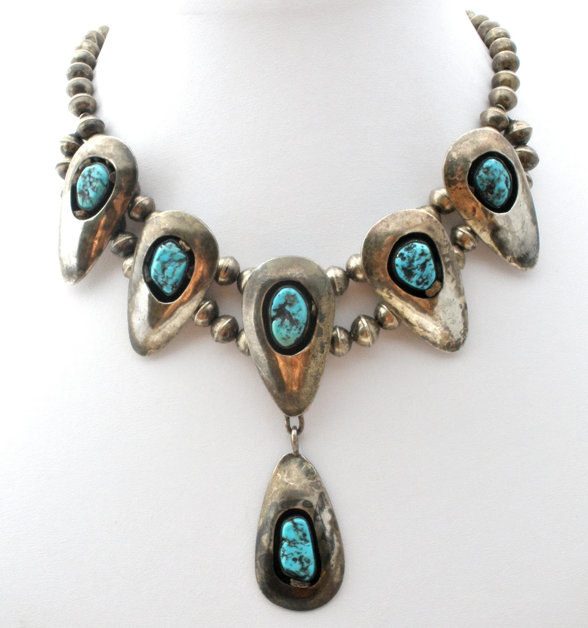 Navajo Squash Blossom Shadowbox Turquoise Necklace