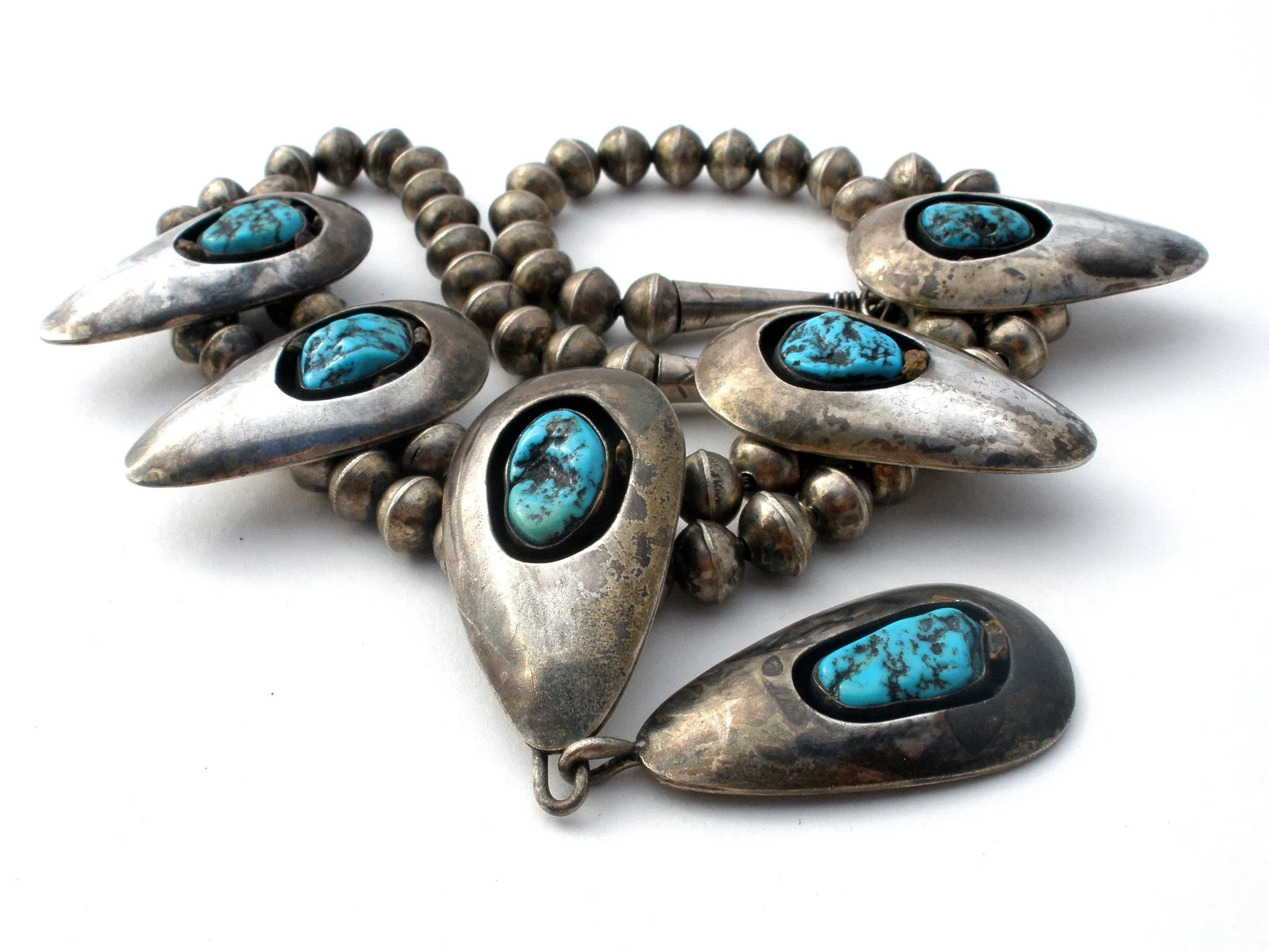 Navajo Squash Blossom Shadowbox Turquoise Necklace