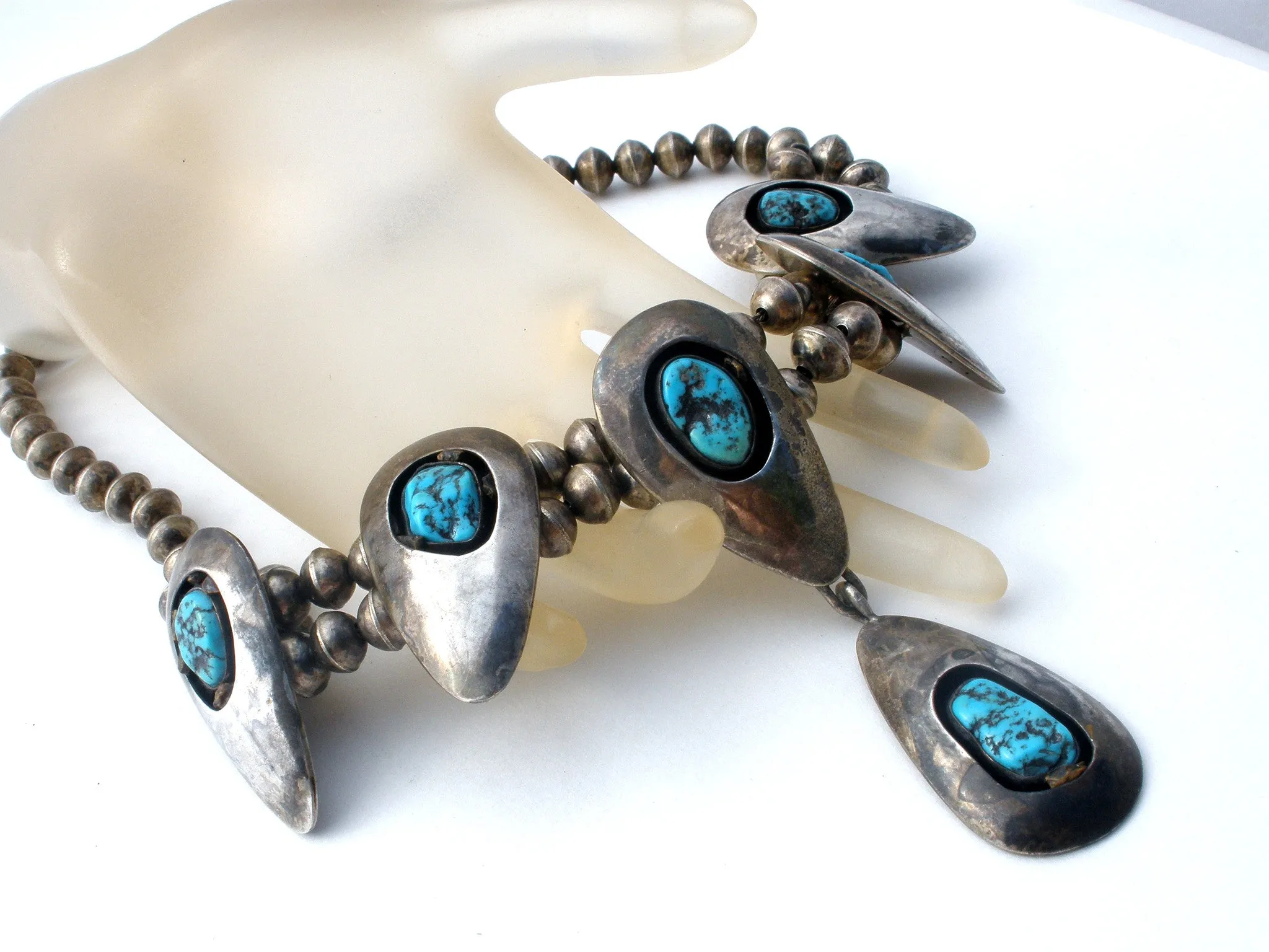 Navajo Squash Blossom Shadowbox Turquoise Necklace