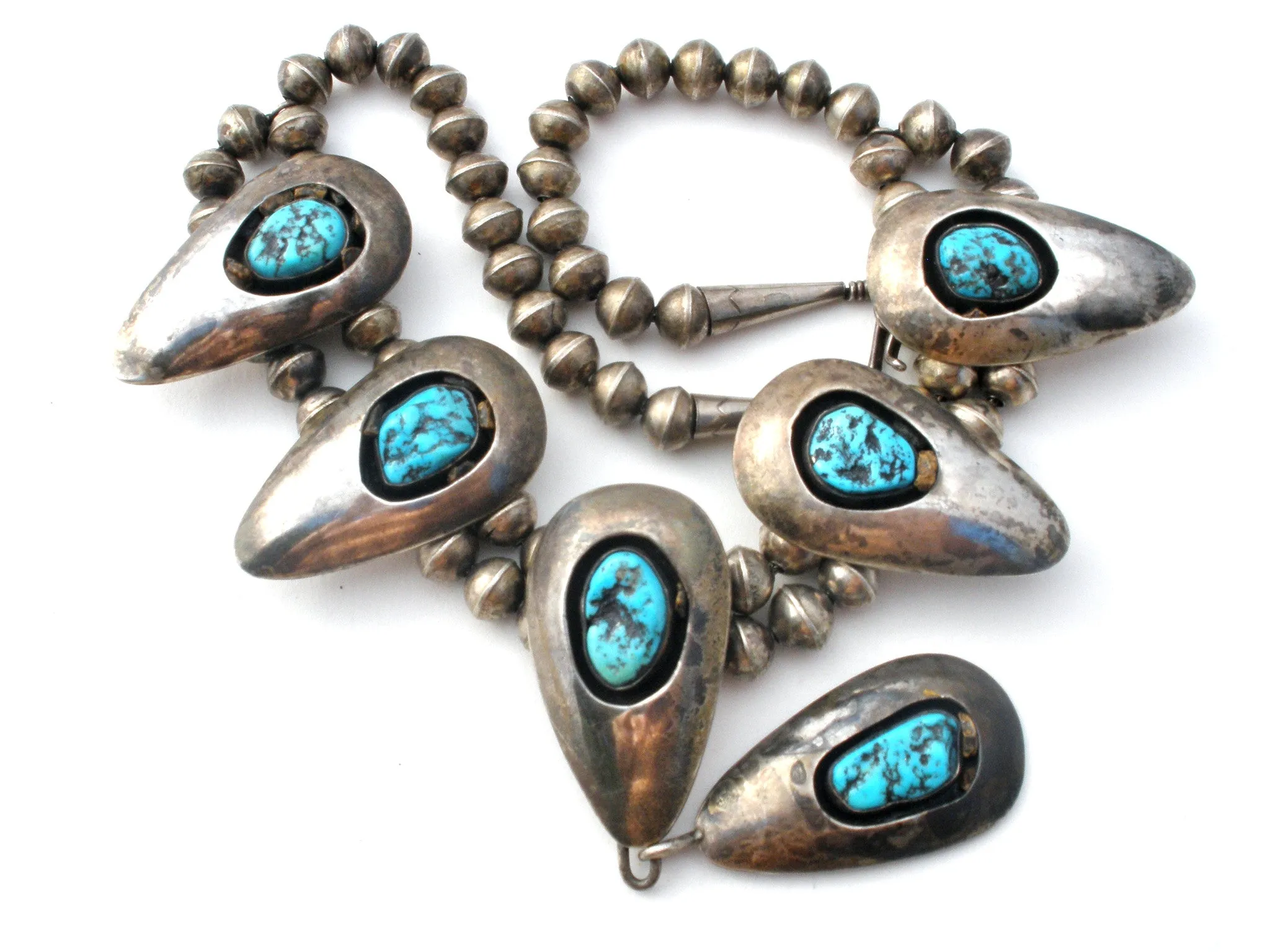 Navajo Squash Blossom Shadowbox Turquoise Necklace