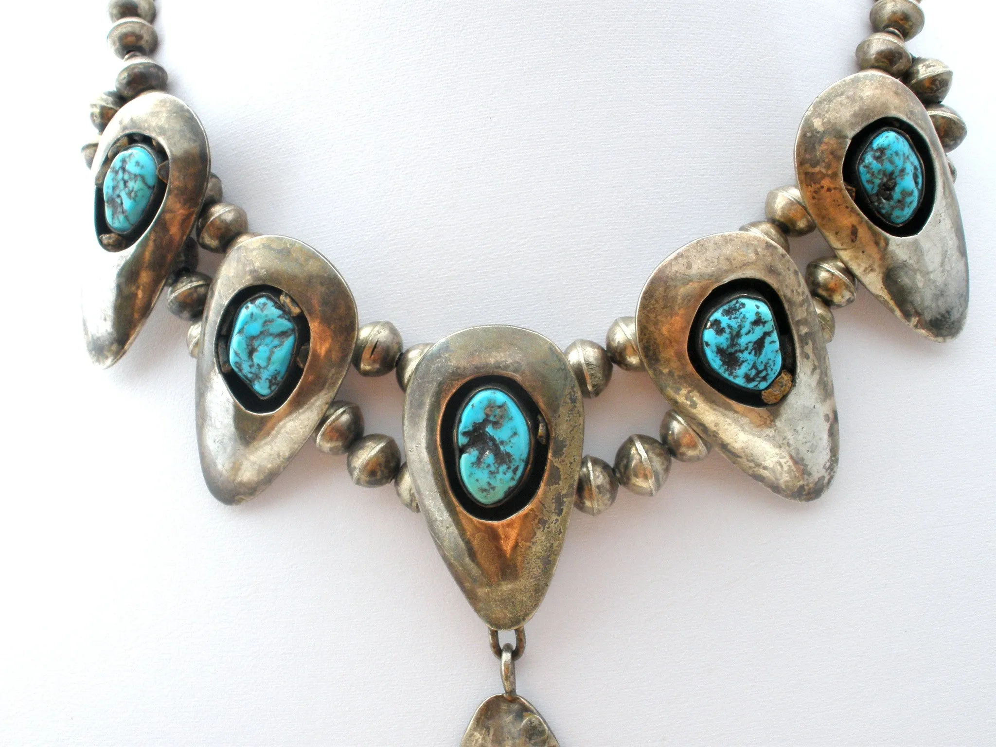 Navajo Squash Blossom Shadowbox Turquoise Necklace