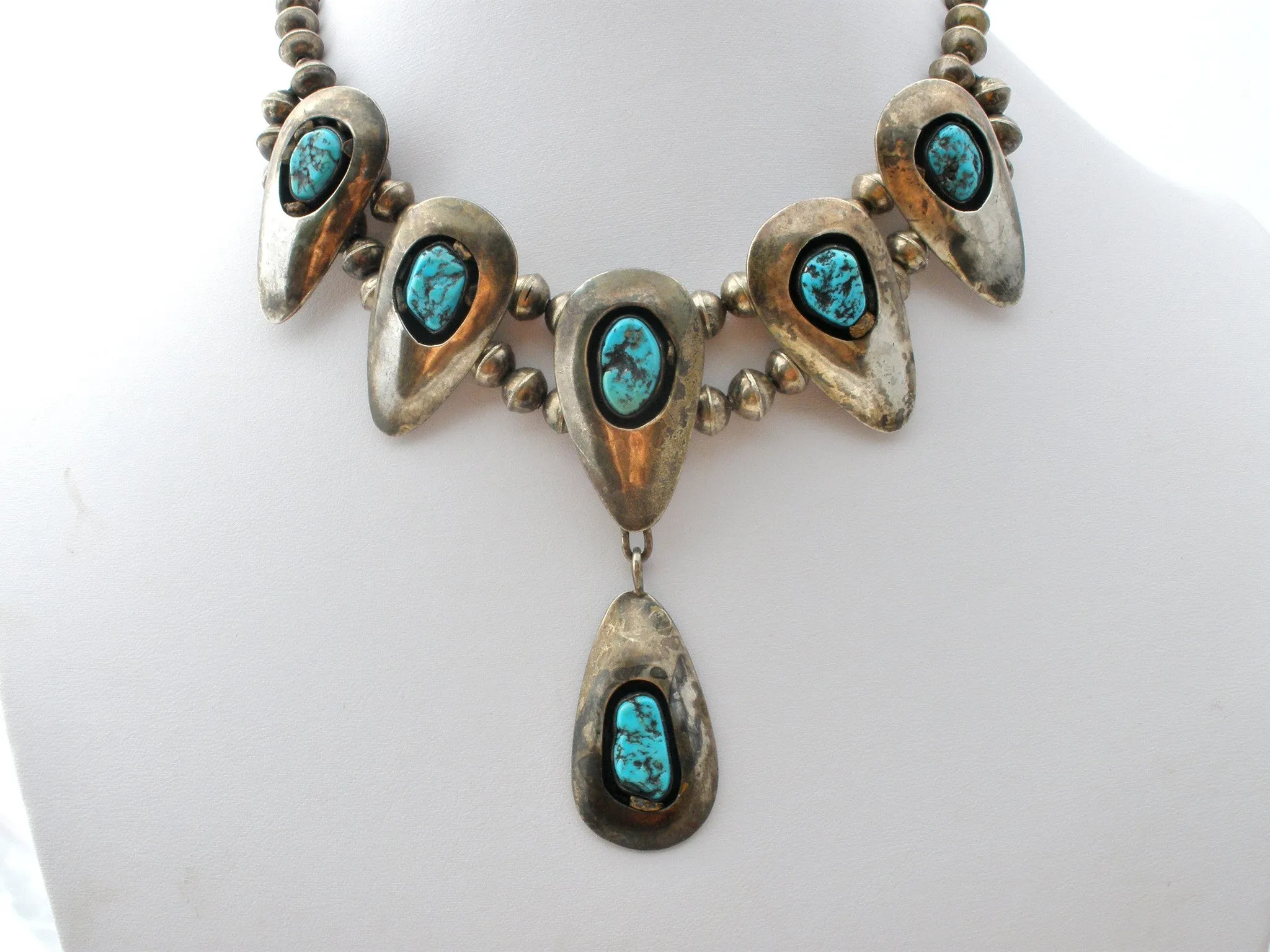 Navajo Squash Blossom Shadowbox Turquoise Necklace