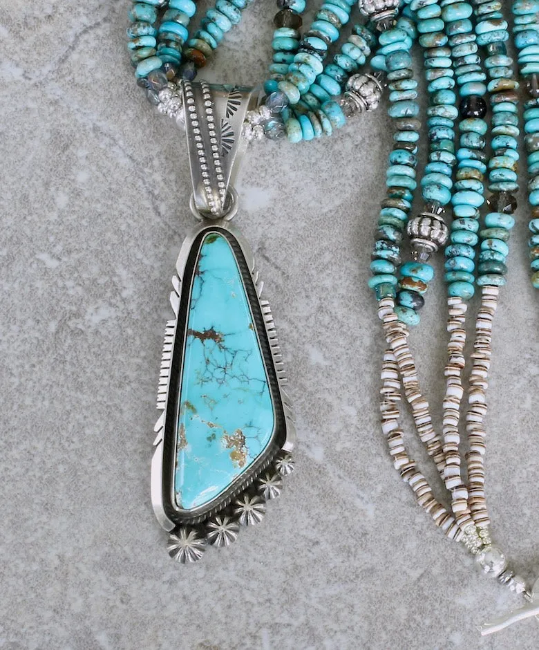 Nila Cook Johnson Kingman Turquoise and Sterling Silver Pendant with 4 Strands of Turquoise Rondelle Beads, Smoky Quartz Rounds, and Sterling Silver