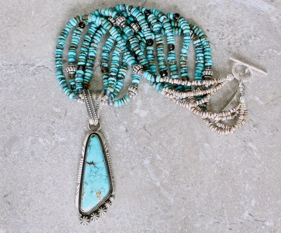 Nila Cook Johnson Kingman Turquoise and Sterling Silver Pendant with 4 Strands of Turquoise Rondelle Beads, Smoky Quartz Rounds, and Sterling Silver