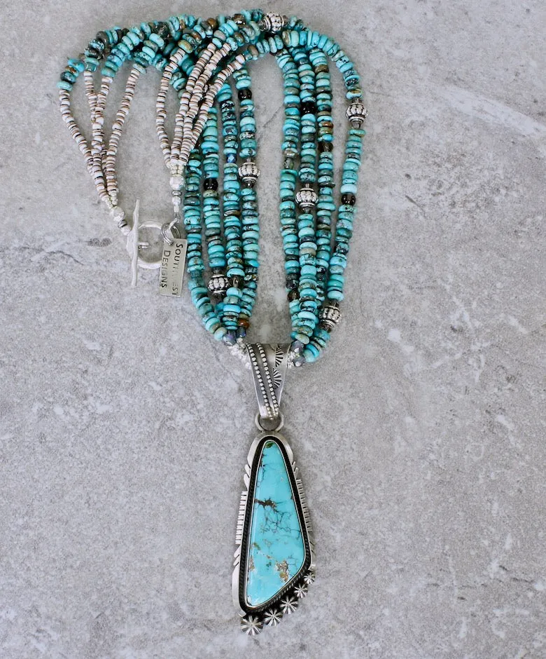Nila Cook Johnson Kingman Turquoise and Sterling Silver Pendant with 4 Strands of Turquoise Rondelle Beads, Smoky Quartz Rounds, and Sterling Silver