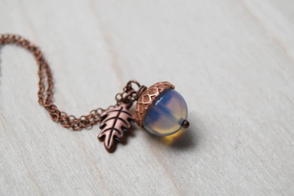Opal & Copper Acorn Necklace | Nature Jewelry | Opalite Gemstone Acorn | Fall Acorn Charm Necklace
