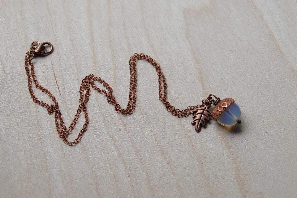 Opal & Copper Acorn Necklace | Nature Jewelry | Opalite Gemstone Acorn | Fall Acorn Charm Necklace