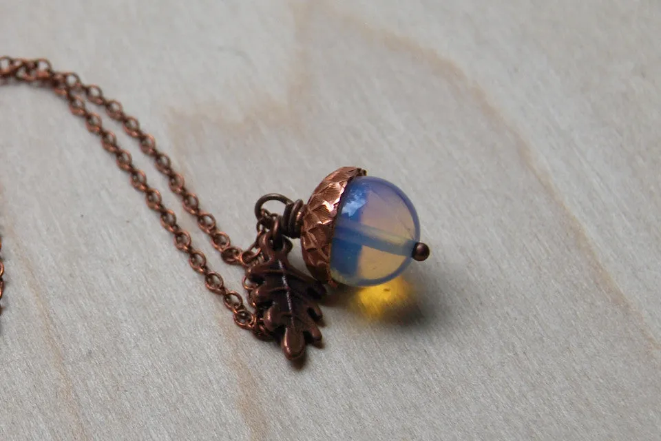 Opal & Copper Acorn Necklace | Nature Jewelry | Opalite Gemstone Acorn | Fall Acorn Charm Necklace