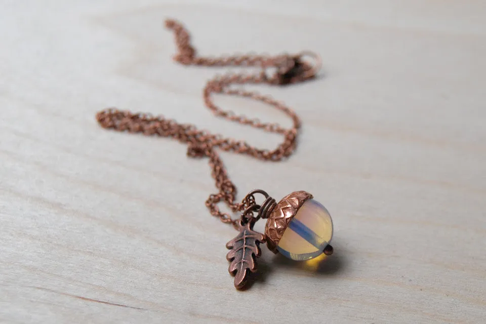 Opal & Copper Acorn Necklace | Nature Jewelry | Opalite Gemstone Acorn | Fall Acorn Charm Necklace