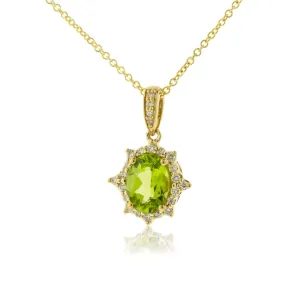 Oval-Cut Peridot & Vintage Inspired Diamond Halo Pendant