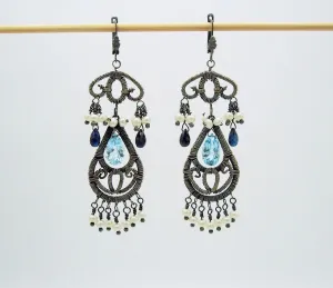 Oxidized Silver Earrings-blue topaz,blue sapphire, pearls