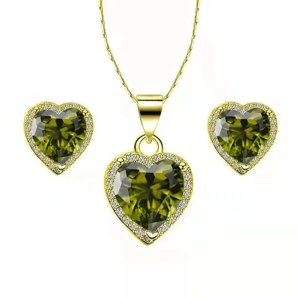 Paris Jewelry 18k Yellow Gold Plated Heart 4 Carat Created Peridot Full Set Necklace, Earrings 18 Inch