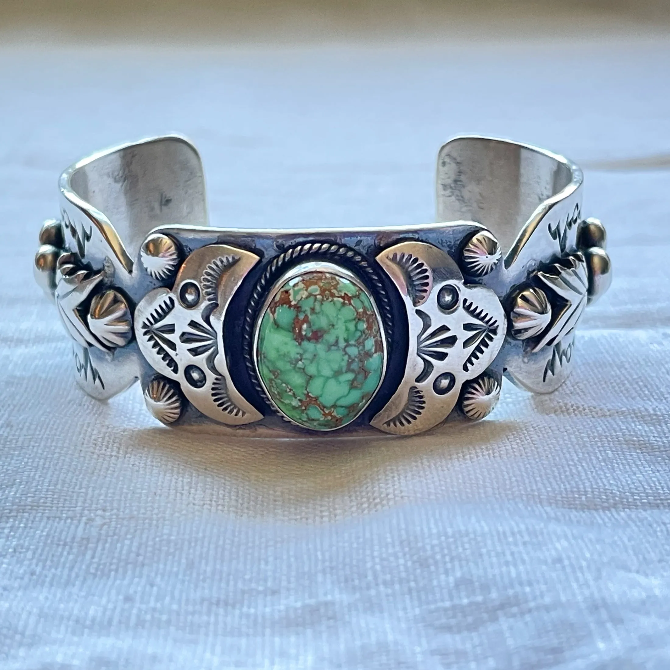 Paul Livingston Sterling Silver Navajo Cuff Bracelet, Carrico Lake Turquoise Native American Bracelet 67.3 G