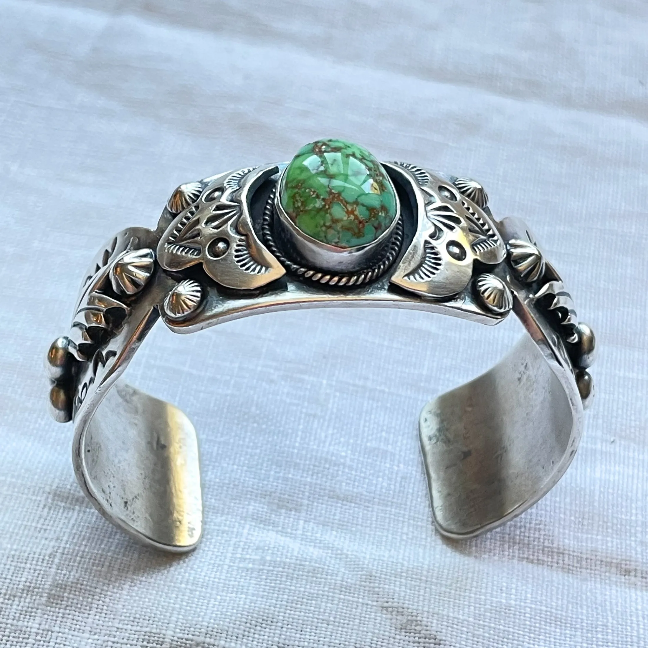 Paul Livingston Sterling Silver Navajo Cuff Bracelet, Carrico Lake Turquoise Native American Bracelet 67.3 G