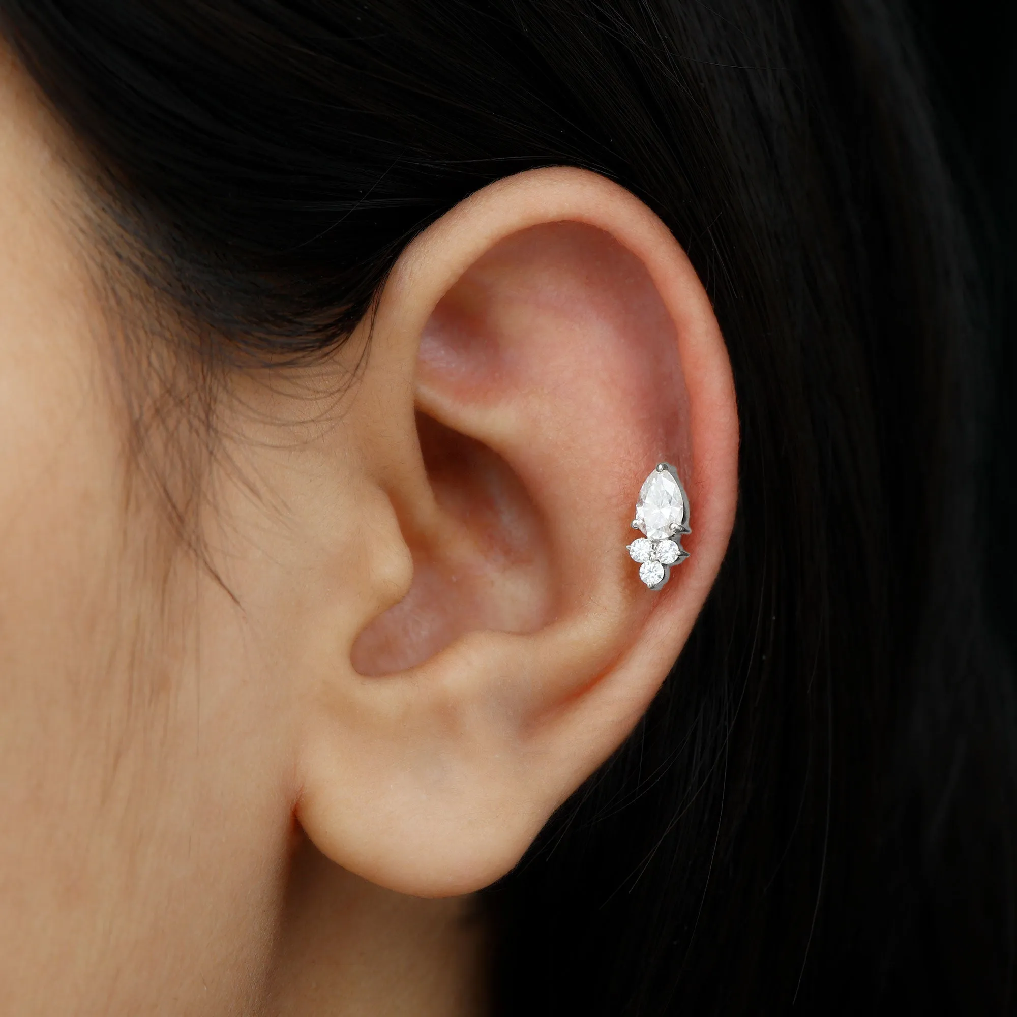Pear and Round Moissanite Cluster Cartilage Earring