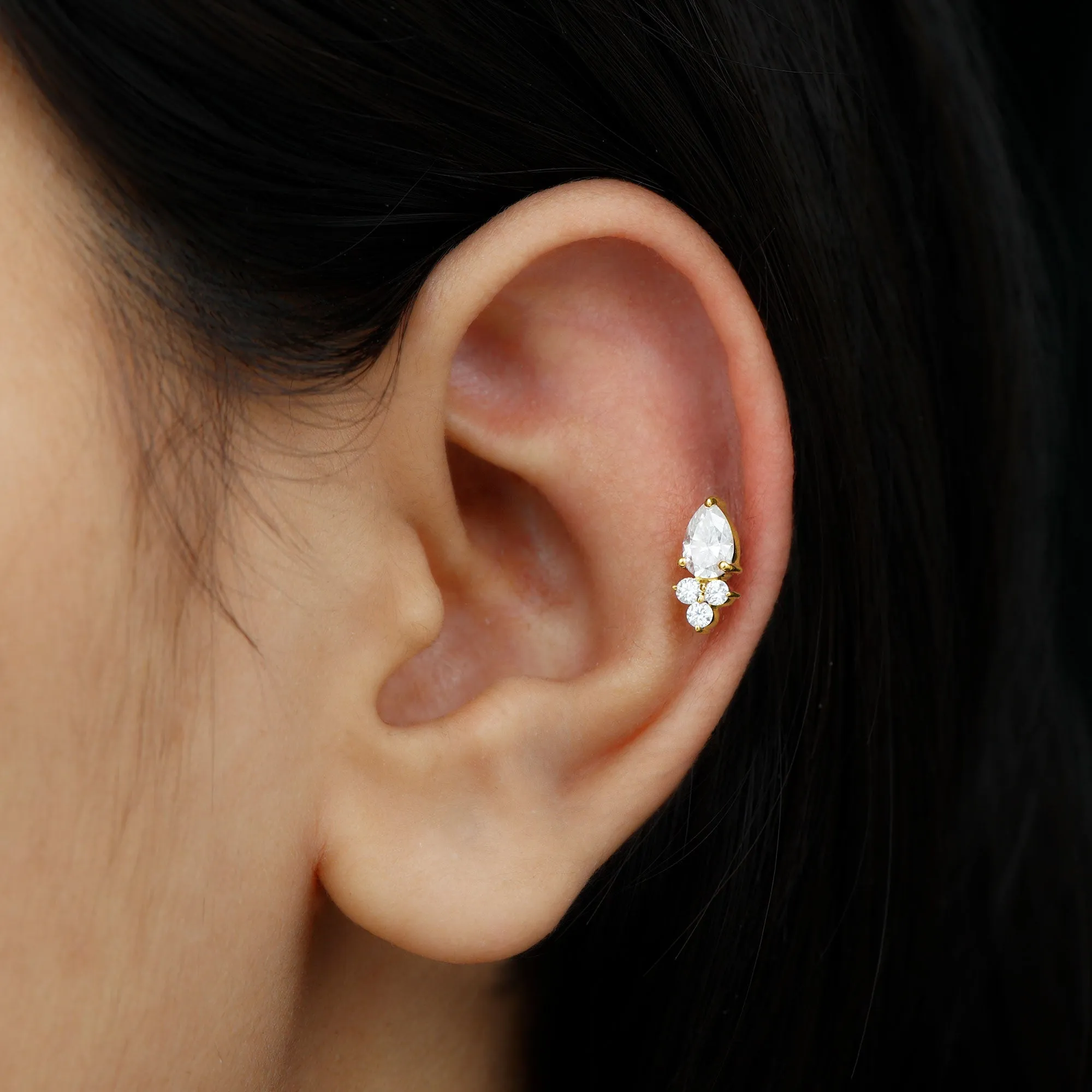 Pear and Round Moissanite Cluster Cartilage Earring