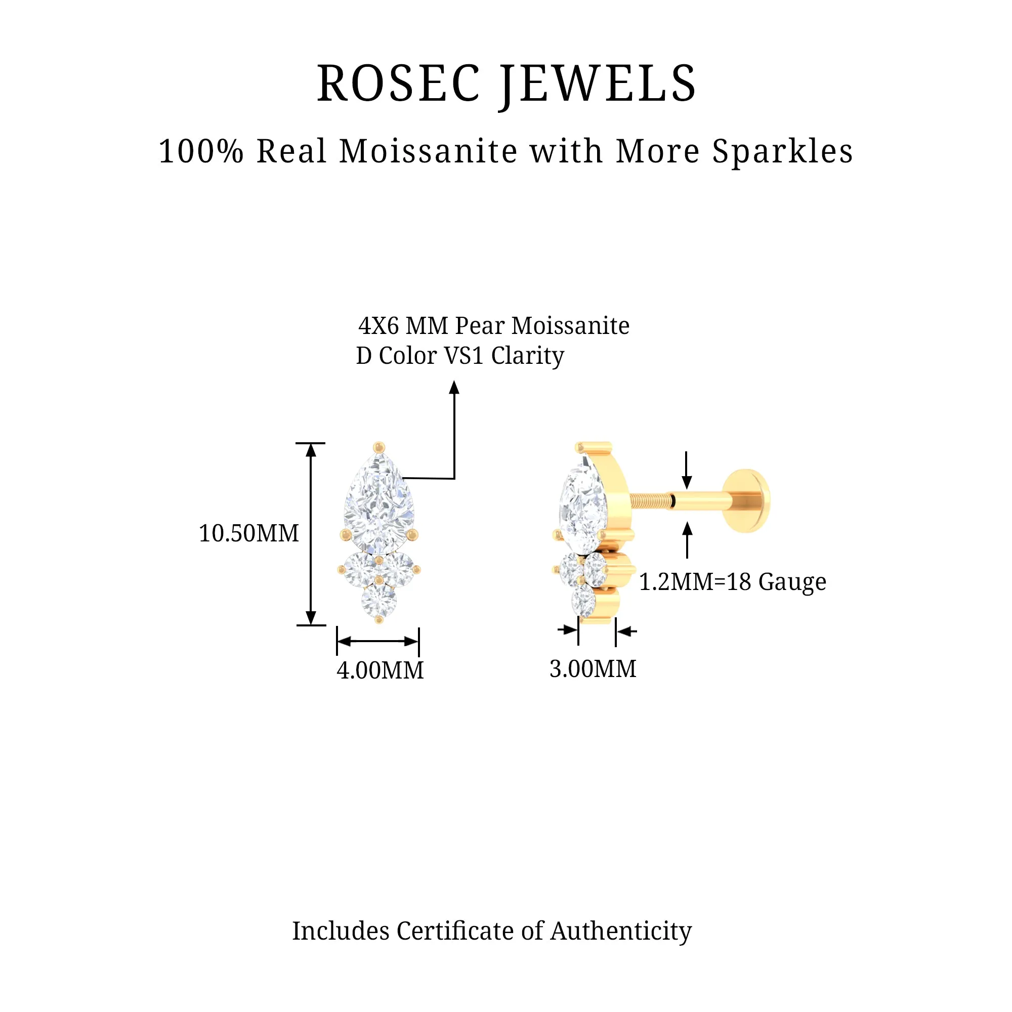 Pear and Round Moissanite Cluster Cartilage Earring