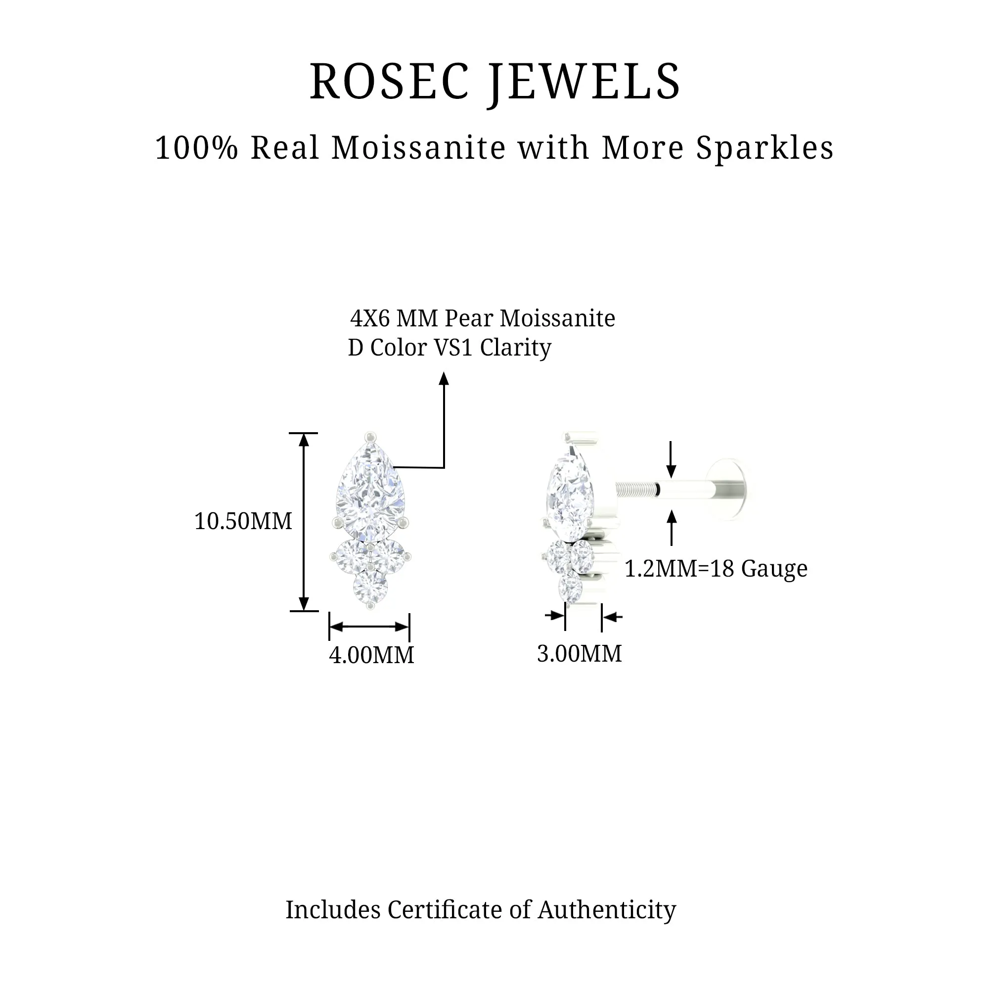 Pear and Round Moissanite Cluster Cartilage Earring