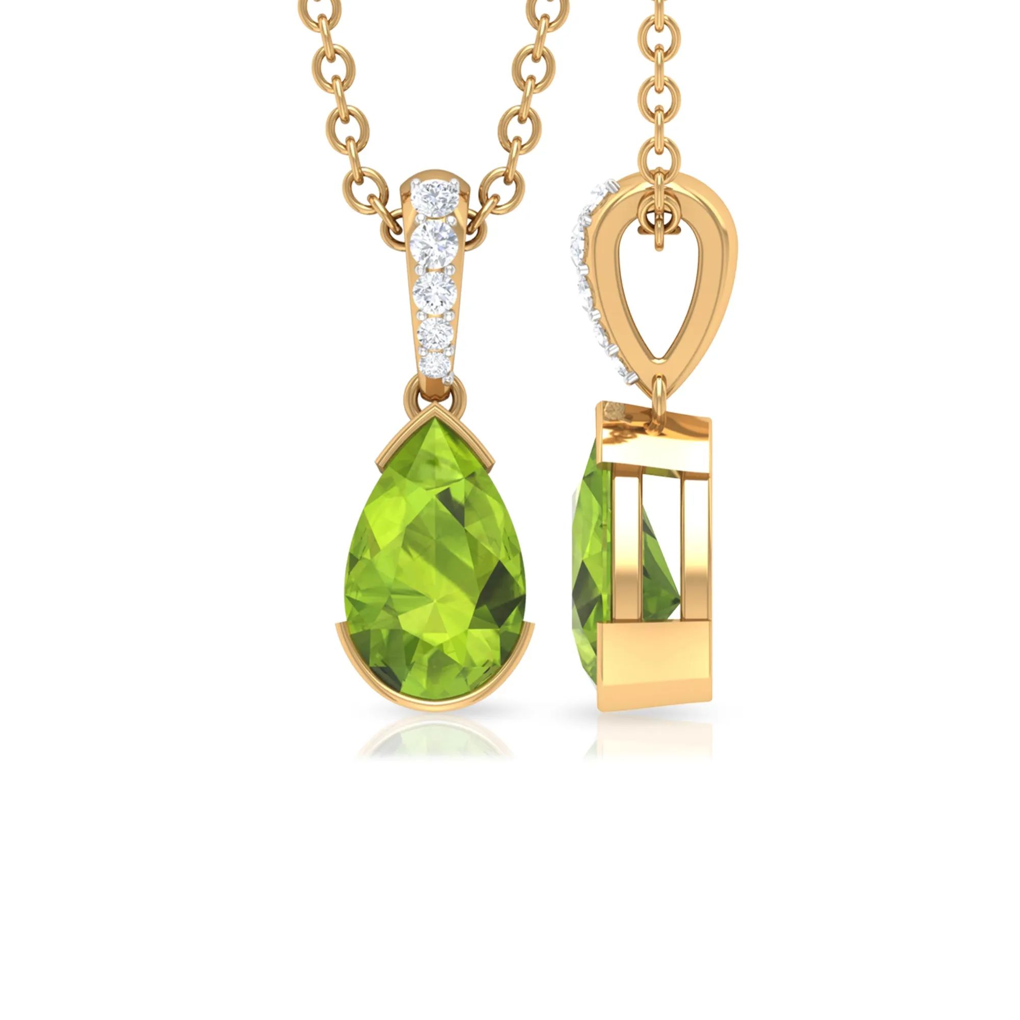 Pear Shape Peridot Solitaire Pendant with Diamond Accent Bail