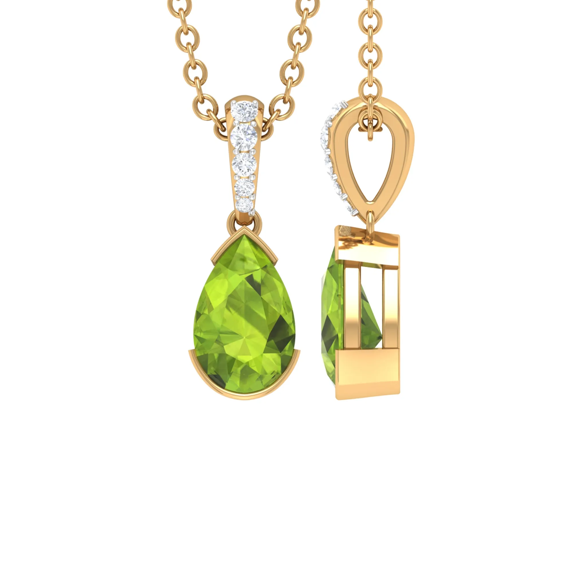 Pear Shape Peridot Solitaire Pendant with Diamond Accent Bail