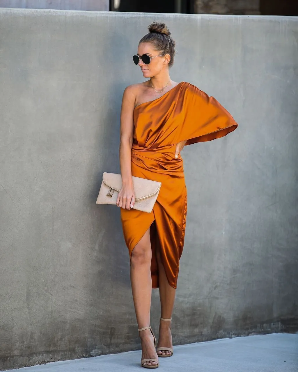 Persimmon One Shoulder Satin Drape Dress