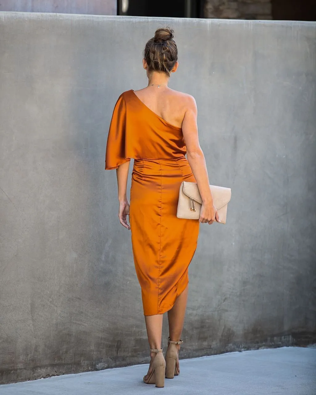 Persimmon One Shoulder Satin Drape Dress