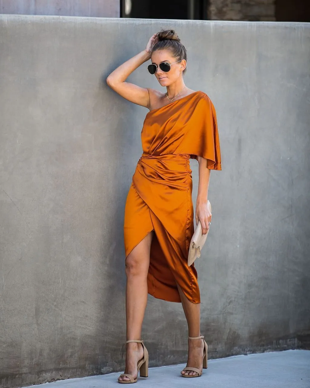 Persimmon One Shoulder Satin Drape Dress