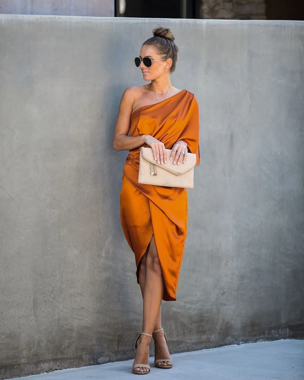 Persimmon One Shoulder Satin Drape Dress