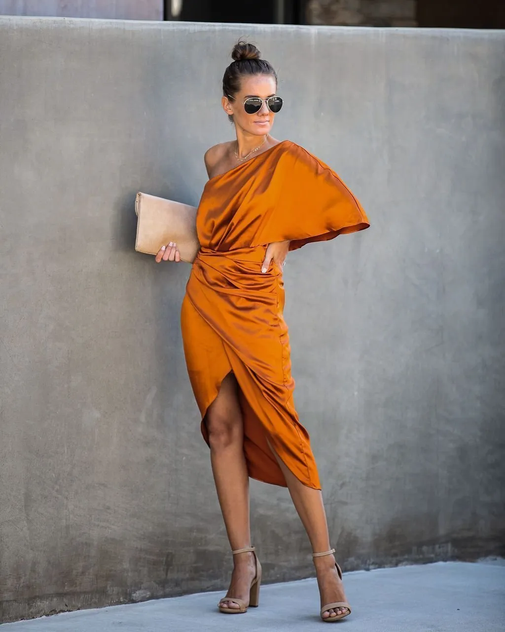 Persimmon One Shoulder Satin Drape Dress