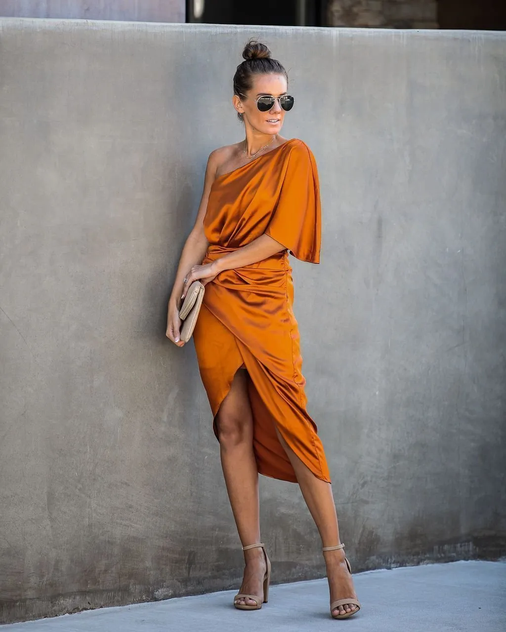Persimmon One Shoulder Satin Drape Dress