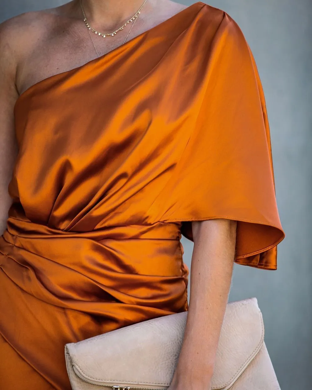 Persimmon One Shoulder Satin Drape Dress