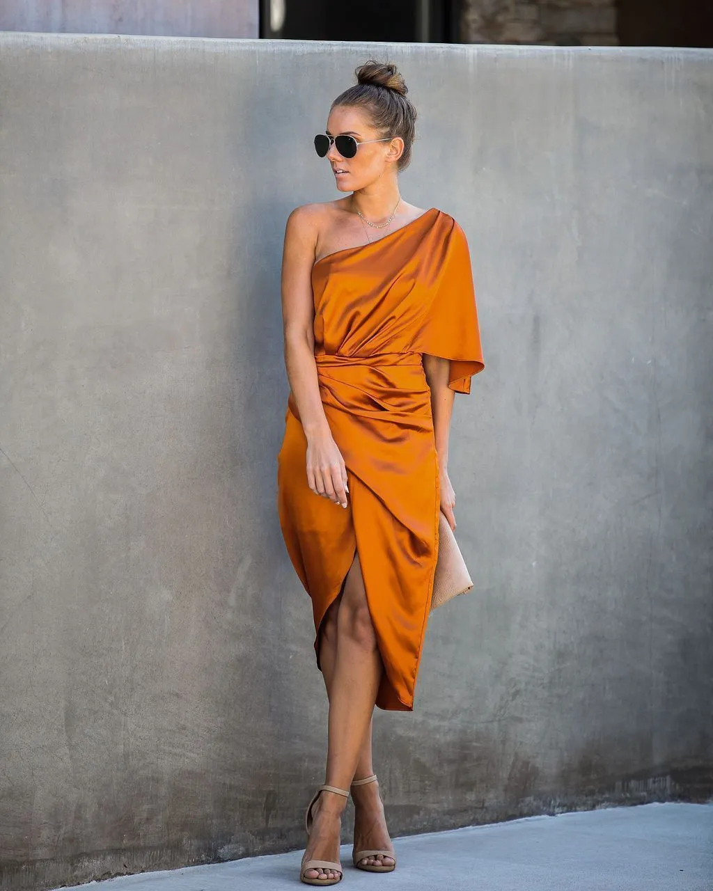 Persimmon One Shoulder Satin Drape Dress