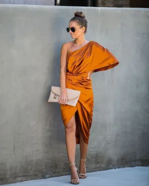 Persimmon One Shoulder Satin Drape Dress