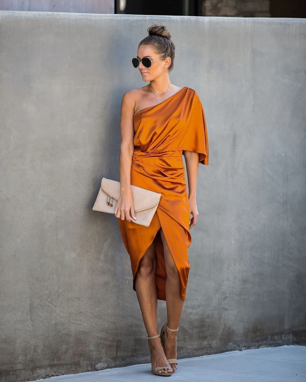 Persimmon One Shoulder Satin Drape Dress
