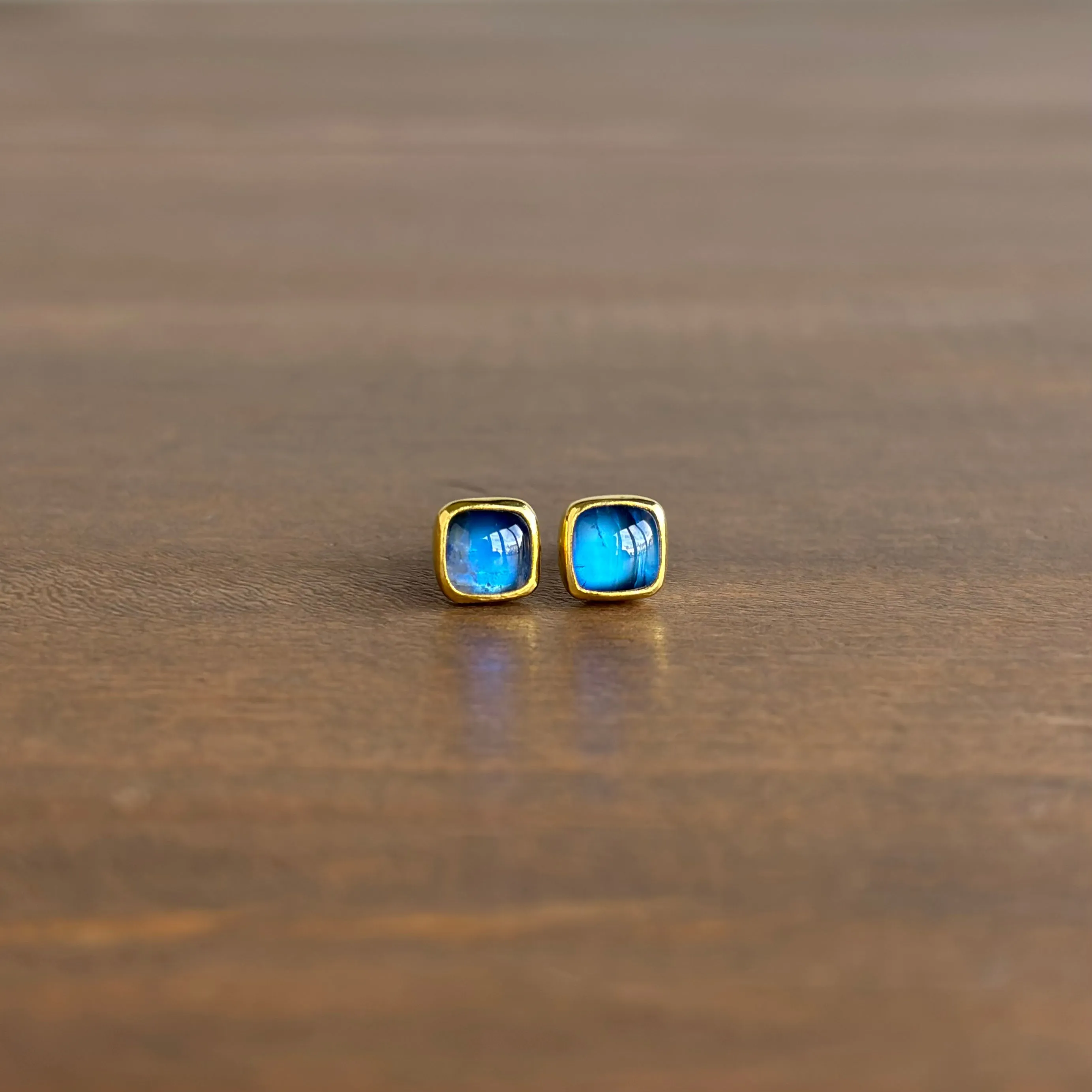 Rainbow Moonstone Cushion Cabochon Stud Earrings