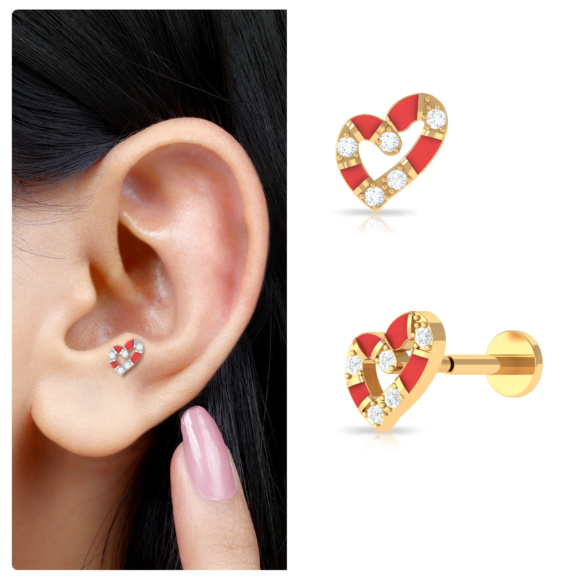 Real Diamond Heart Cartilage Earring with Red Enamel