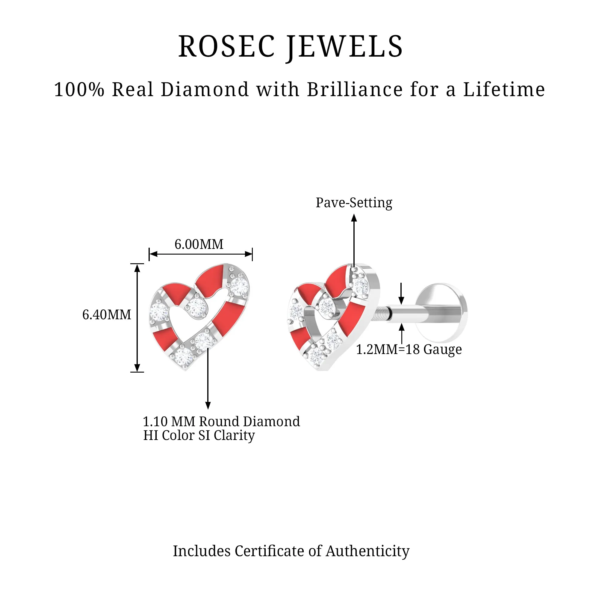 Real Diamond Heart Cartilage Earring with Red Enamel