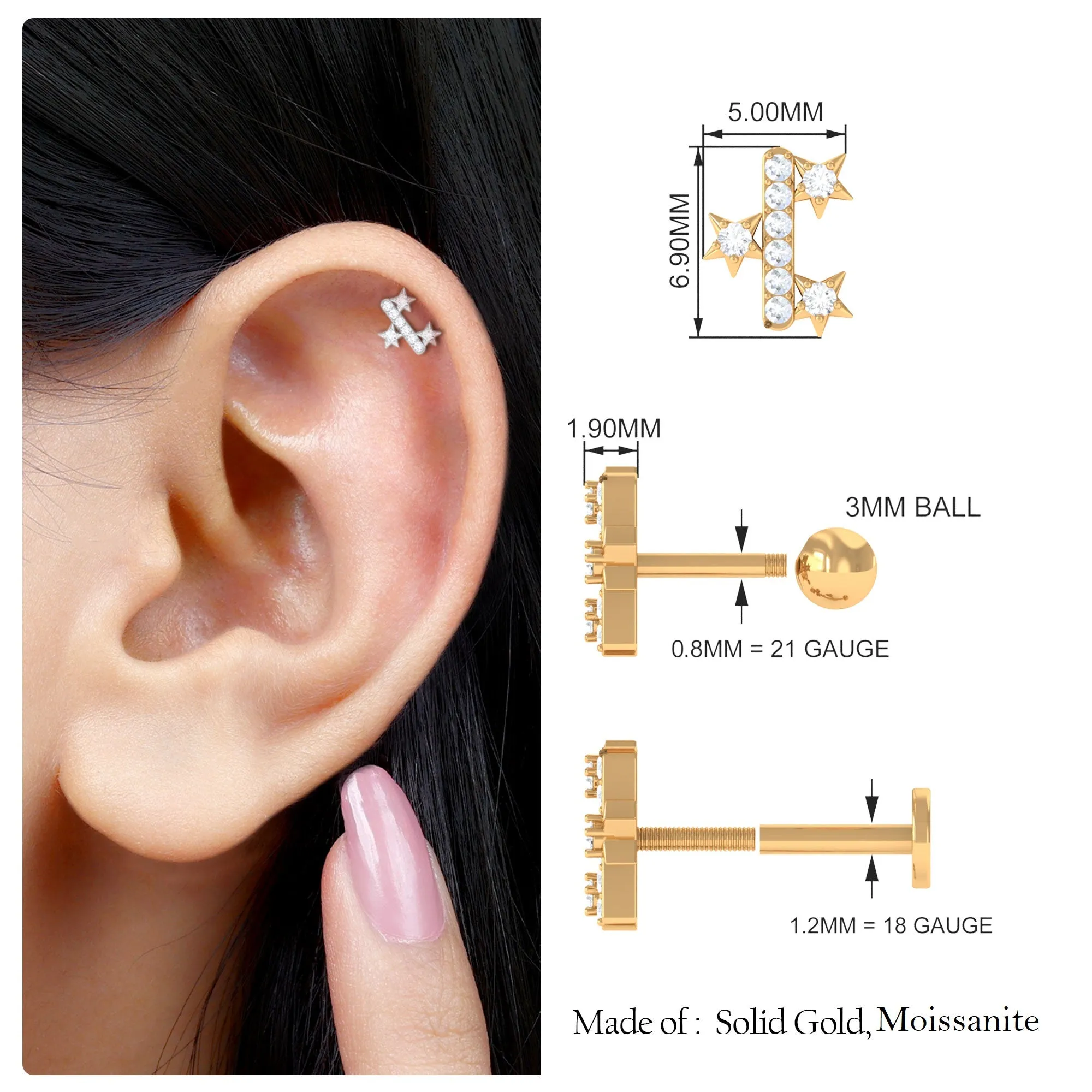 Real Round Cut Moissanite Star Tragus Earring