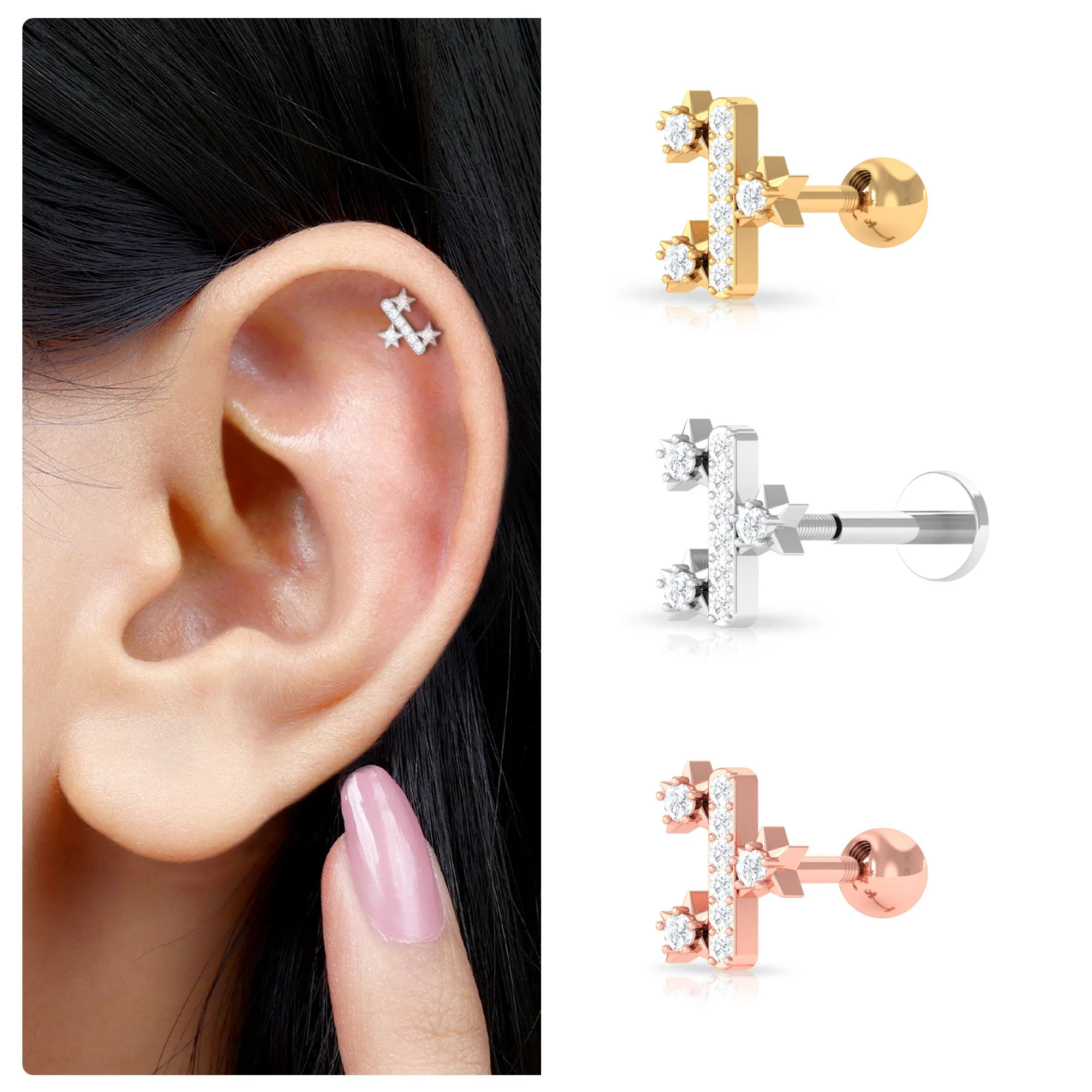 Real Round Cut Moissanite Star Tragus Earring