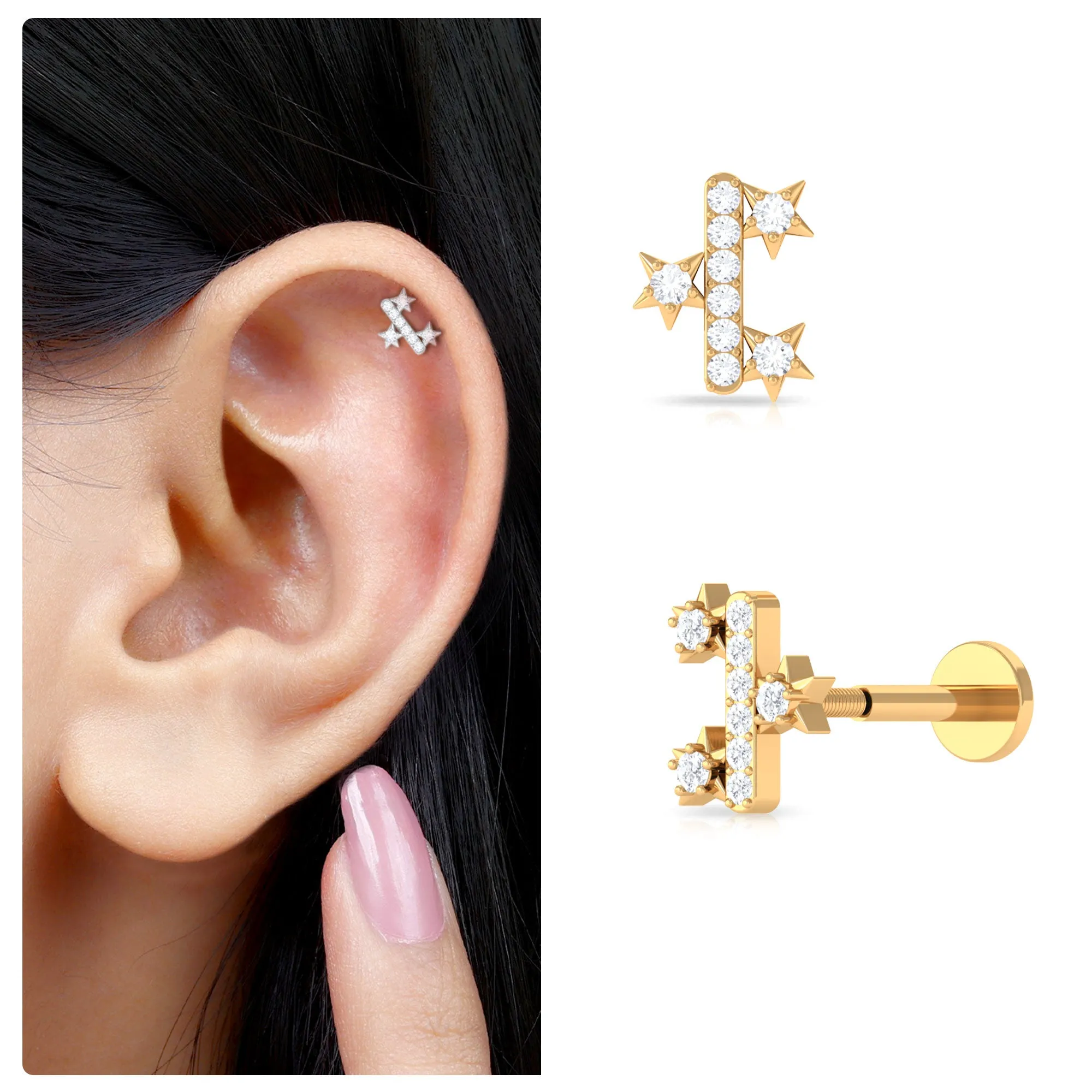 Real Round Cut Moissanite Star Tragus Earring