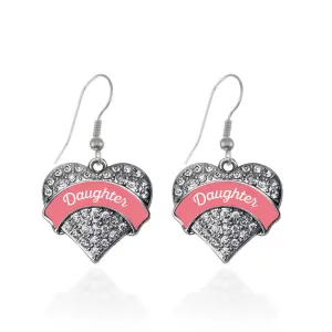 Silver Coral Daughter Pave Heart Charm Dangle Earrings