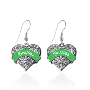 Silver Emerald Green Besties Pave Heart Charm Dangle Earrings