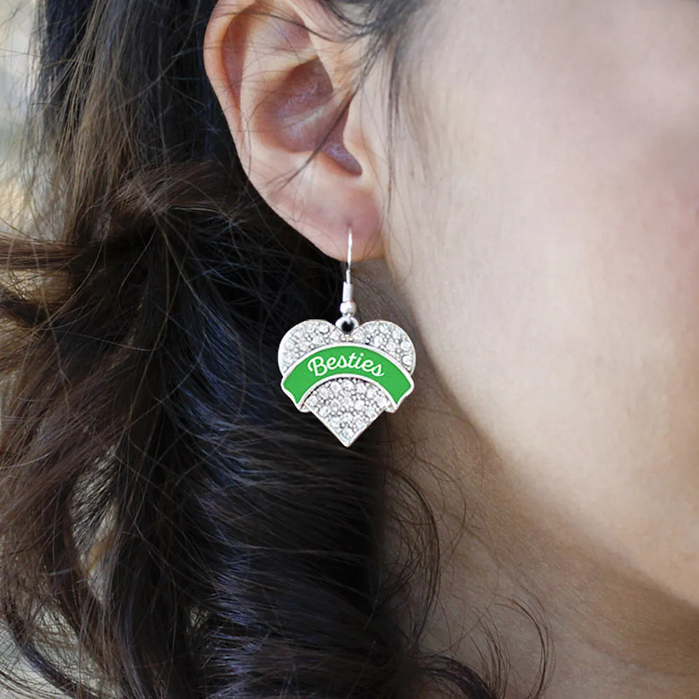 Silver Emerald Green Besties Pave Heart Charm Dangle Earrings