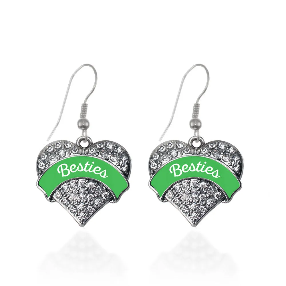 Silver Emerald Green Besties Pave Heart Charm Dangle Earrings